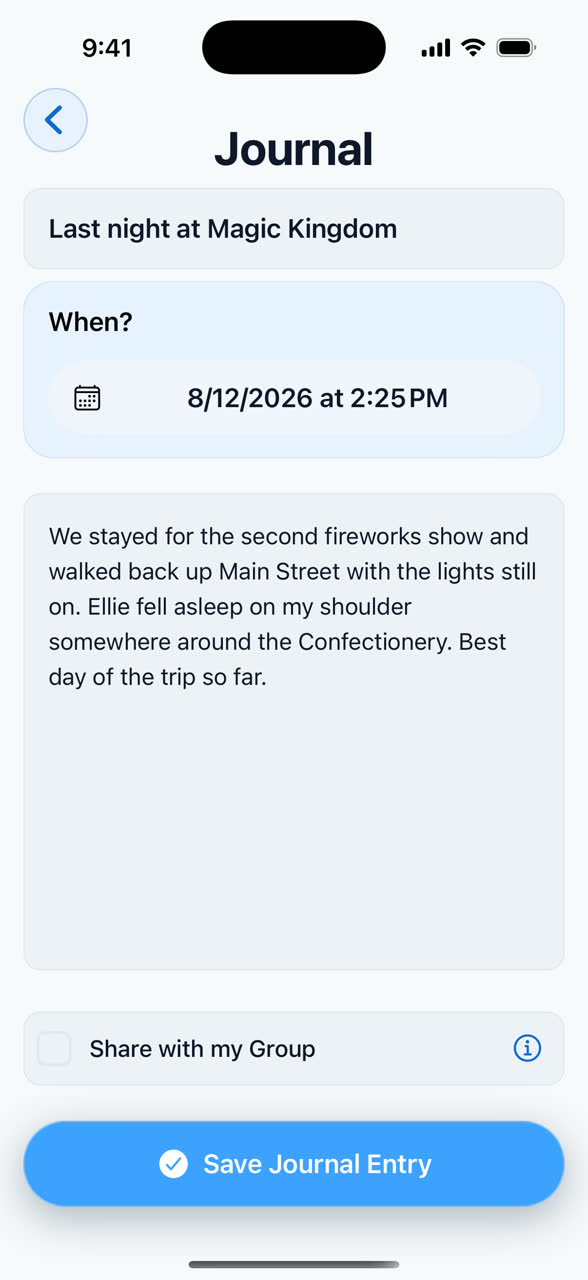 A journal entry titled 'Last night at Magic Kingdom', with its date and time and a written memory about staying for the second fireworks show.