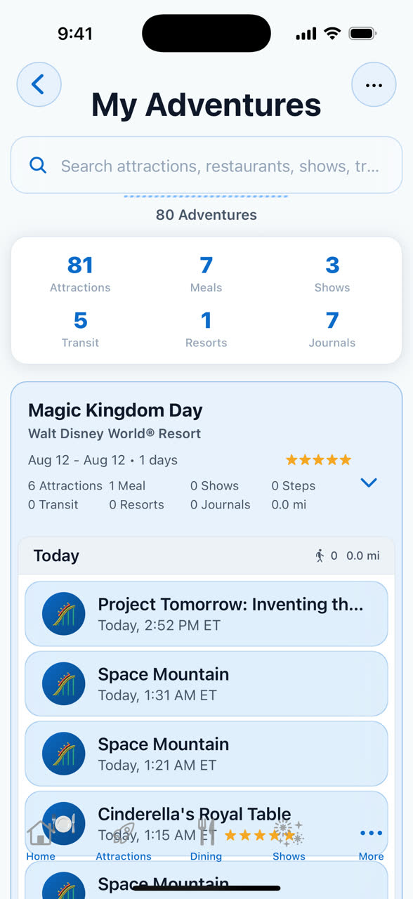 The My Adventures screen showing a totals strip — attractions, meals, shows, transit, resorts and journals — above a trip card with a star rating and that day's logged attractions with their times.