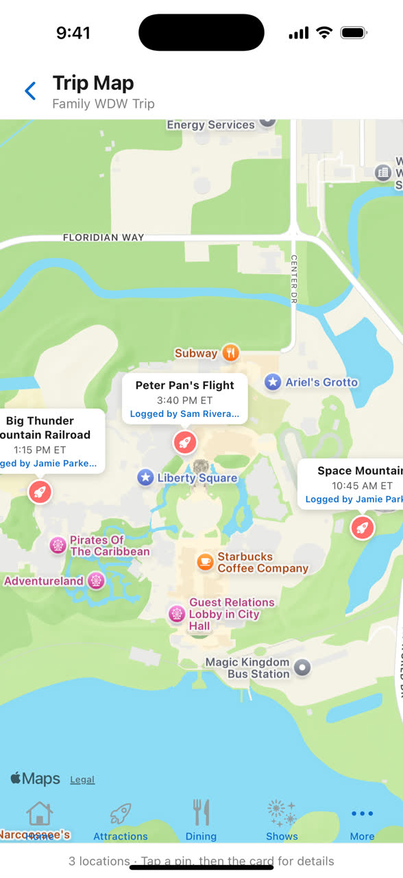 The app's Trip Map for a Walt Disney World trip, showing three pins across Magic Kingdom, each labelled with the attraction, the time in ET and who logged it.